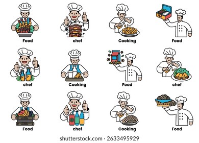 A series of cartoon chefs are shown in various stages of preparing food. The images are labeled with words such as "Food," "Chef," "Cooking,"