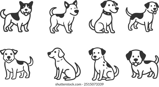 A series of cartoon dogs are sitting and standing in a row. The dogs are all different sizes and have different markings