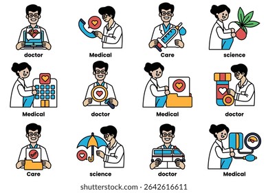 A series of cartoon images of doctors and medical professionals. The images include a doctor holding a stethoscope, a nurse holding a syringe, and a doctor holding a heart