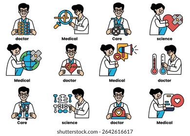 A series of cartoon images of doctors and medical professionals. The images are in a grid and include a variety of medical professions such as doctors, nurses, and pharmacists