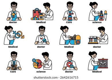 A series of cartoon images of doctors and medical professionals. The images are in a grid and include a variety of medical professionals such as doctors, nurses, and pharmacists