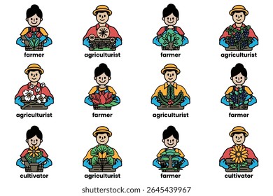 A series of cartoon images of people with different professions, including farmers, gardeners, and agriculturalists