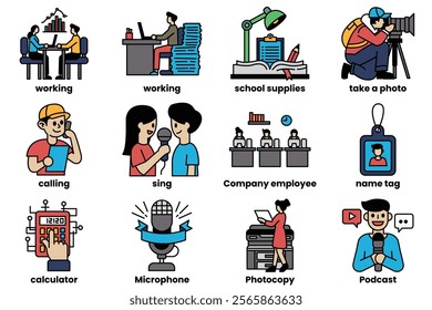 A series of cartoon images of people doing various things, including working, singing, and taking photos