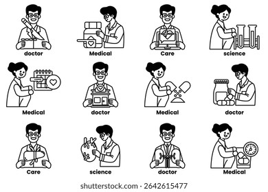 A series of cartoon images of people in white with the word "doctor" written on them. The images are of various people in different professions, such as a doctor, nurse, and pharmacist