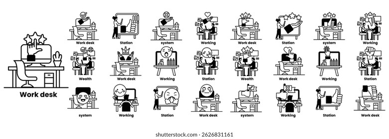 A series of cartoon images of people working at a desk. The images are labeled with the days of the week in line drawing style