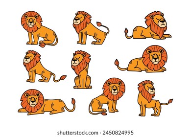 A series of cartoon lions in various poses. The lions are all orange and are sitting, standing, and laying down. Scene is playful and lighthearted