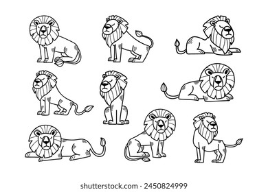 A series of cartoon lions in various poses. The lions are all orange and are sitting, standing, and laying down. Scene is playful and lighthearted