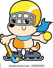 Series cartoon little dog playing hockey with ball. Can be used as a mascot, part of a logo or ticket.