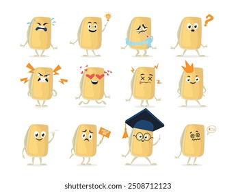 A series of cartoon parmesan cheese characters displays a range of emotions, from happiness and love to confusion and anger, in a vibrant, colorful layout.