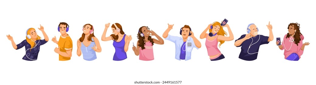 A series of cartoon people enjoying music with headphones, on a white background, concept of joy and leisure activities. Vector illustration