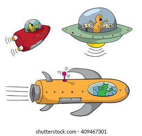 Series of cartoon spaceships, each with an alien in.