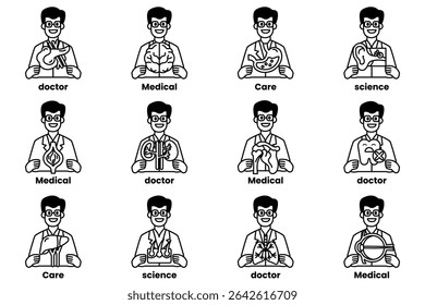 A series of cartoonish drawings of men holding up various items, including a heart, a toothbrush, and a book. The drawings are labeled with various professions, such as doctor, scientist, and teacher