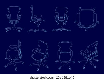 Series of chair designs are shown in blue. The chairs are all different shapes and sizes, but they all have a similar design. The chairs are all made of metal and have wheels