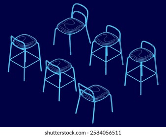 A series of chairs are shown in blue. The chairs are all different sizes and shapes, but they all have a similar design. The chairs are arranged in a row, with some of them facing the camera