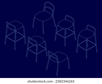 A series of chairs are shown in a blue background. The chairs are all different shapes and sizes, but they all have a similar design. The chairs are arranged in a row. Isometric view