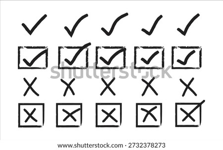 A series of checkmarks and X's in boxes and outside of boxes on a white background