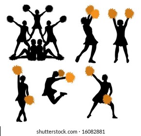 Series of cheerleaders with orange pompoms