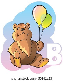 Series of Children alphabet: letter B, bear and balloons, cartoon vector illustration