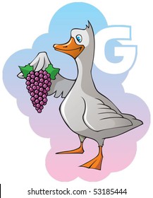 Series of Children alphabet: letter G, goose and grapes, cartoon vector illustration