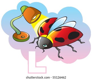 Series of Children alphabet: letter L, ladybug and lamp, cartoon vector illustration