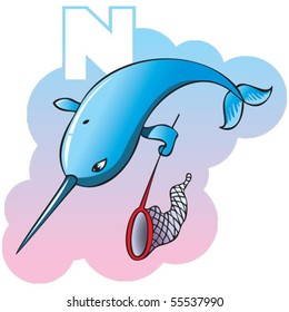 Series of Children alphabet: letter N, narwhal and net, cartoon vector illustration