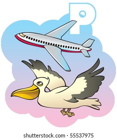 Series of Children alphabet: letter P, pelican and plane, cartoon vector illustration