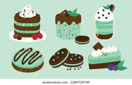 A Series of Chocolate and mint dessert in cute flat color style vector