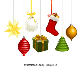 A series of Christmas decorations. Star, balls, gift, stockings, tree, bauble etc.
