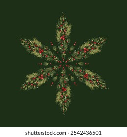 Series of christmas floral laurel arragements in snowflake form