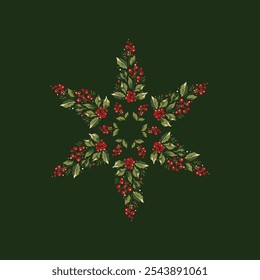 Series of christmas floral laurel arragements in snowflake form
