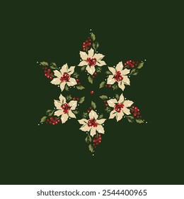 Series of christmas floral laurel arragements in snowflake form