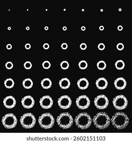 A series of circles are shown in various sizes and positions. Concept of progression and growth, as the circles increase in size and number. Scene is one of development and expansion