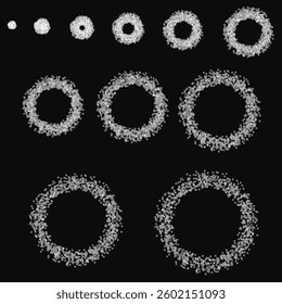 A series of circles with varying sizes and shapes. The circles are all white and appear to be scattered across the image. Scene is one of chaos and disorder, as the circles seem to be randomly placed