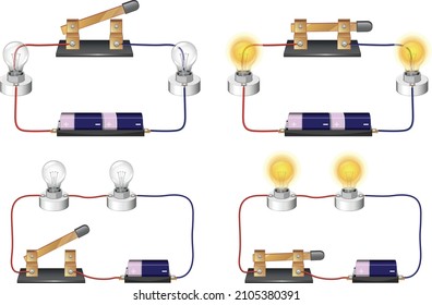 series circuit, basic electric circuits experiment, flat design illustration, Kirchhoff voltage law, Kirchhoff current law, simple electric circuit, on-off circuit