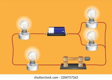 elektrische Grundschaltung und Bauteile, flache Konstruktionsgrafik 