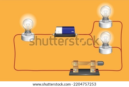 series circuit, basic electric circuits experiment, flat design illustration, Kirchhoff voltage law, Kirchhoff current law, simple electric circuit, on-off circuit