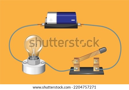 series circuit, basic electric circuits experiment, flat design illustration, Kirchhoff voltage law, Kirchhoff current law, simple electric circuit, on-off circuit