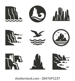 A series of coastal cliff and sea stack icons featuring rugged rock formations waves birds and island silhouettes suitable for travel and nature design