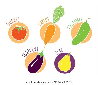 A series of color illustrations on the theme of food with the image of eggplant, pear, tomato, cucumber and carrot