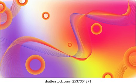 Series of colorful circles with wave pattern and lines for futuristic design. Circles are different sizes and scattered through the background. Mockup. Copy Space. Wallpaper or abstract pattern backgr
