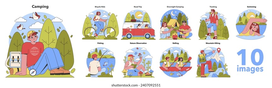 A series of colorful, playful vector illustrations showcasing various outdoor activities, including camping, biking, fishing, and hiking, encapsulating the joy of nature adventures.