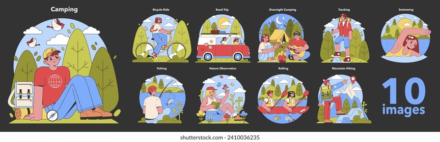 A series of colorful, playful vector illustrations showcasing various outdoor activities, including camping, biking, fishing, and hiking, encapsulating the joy of nature adventures.
