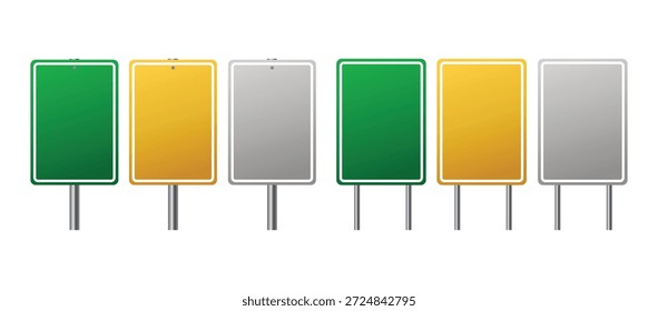 Uma série de sinais de trânsito retangulares coloridos em verde amarelo e cinza exibidos em uma linha em um fundo branco