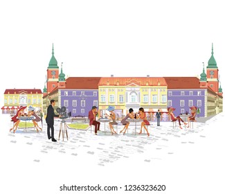 Series of colorful retro street views with fashion people in the old city. Hand drawn vector architectural background with historic buildings. Street musicians. 