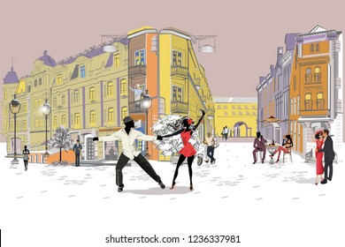 Series of colorful retro street views with fashion people in the old city. Hand drawn vector architectural background with historic buildings. Romantic couple in passionate Latin American dances. 