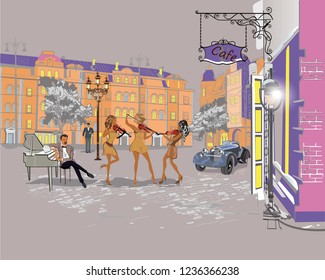 Series of colorful retro street views with fashion people in the old city. Hand drawn vector architectural background with historic buildings. Street musicians.