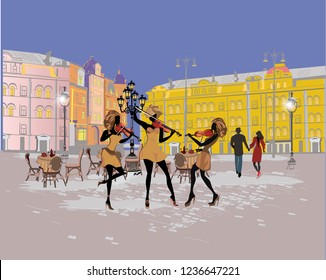 Series of colorful retro street views with fashion people in the old city. Hand drawn vector architectural background with historic buildings. Street musicians.
