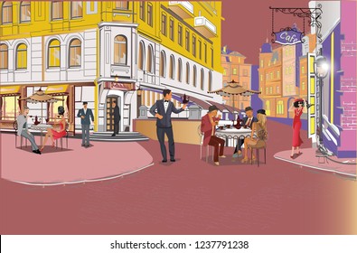 Series of colorful retro street views with fashion people in the old city. Hand drawn vector architectural background with historic buildings. Street musicians.