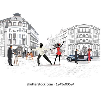 Series of colorful retro street views with fashion people in the old city. Hand drawn vector architectural background with historic buildings. Romantic couple in passionate Latin American dances. 