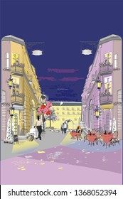 Series of colorful retro street views with fashion people in the old city at night. Hand drawn vector architectural background with historic buildings. Street musicians.